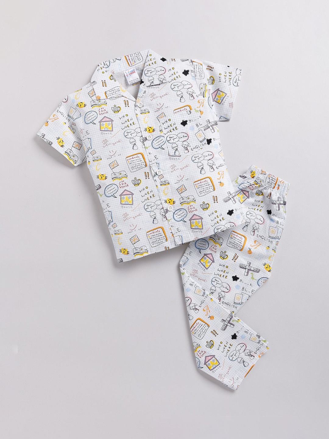 

NAUTI KIDZ Boys Printed Pure Cotton Shirt Collar Night suit, White