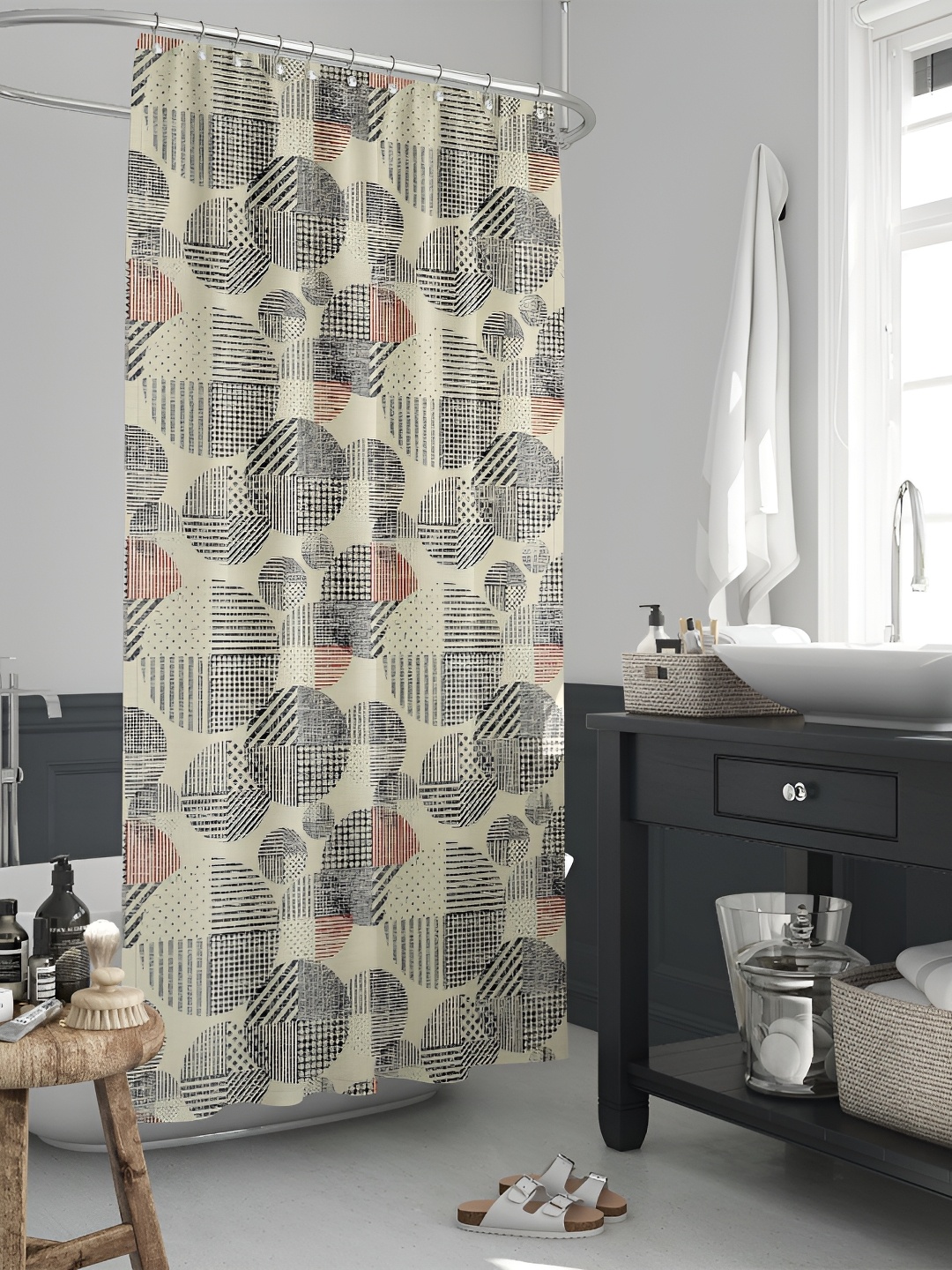 

ArtzFolio Off White & Black Printed Waterproof Shower Curtain