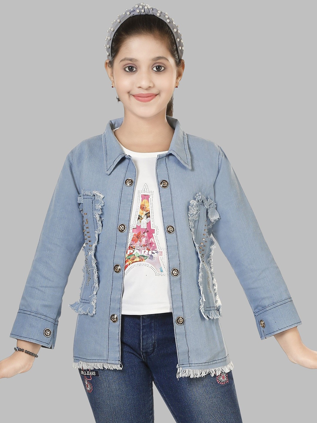 

BAESD Girls Floral Cotton Longline Denim Jacket with Embroidered, Blue