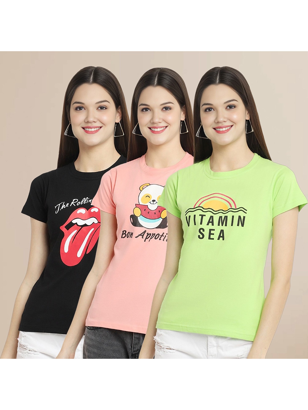 

Metronaut Women Pack Of 3 Typography Printed Round Neck Cotton T-shirts, Black