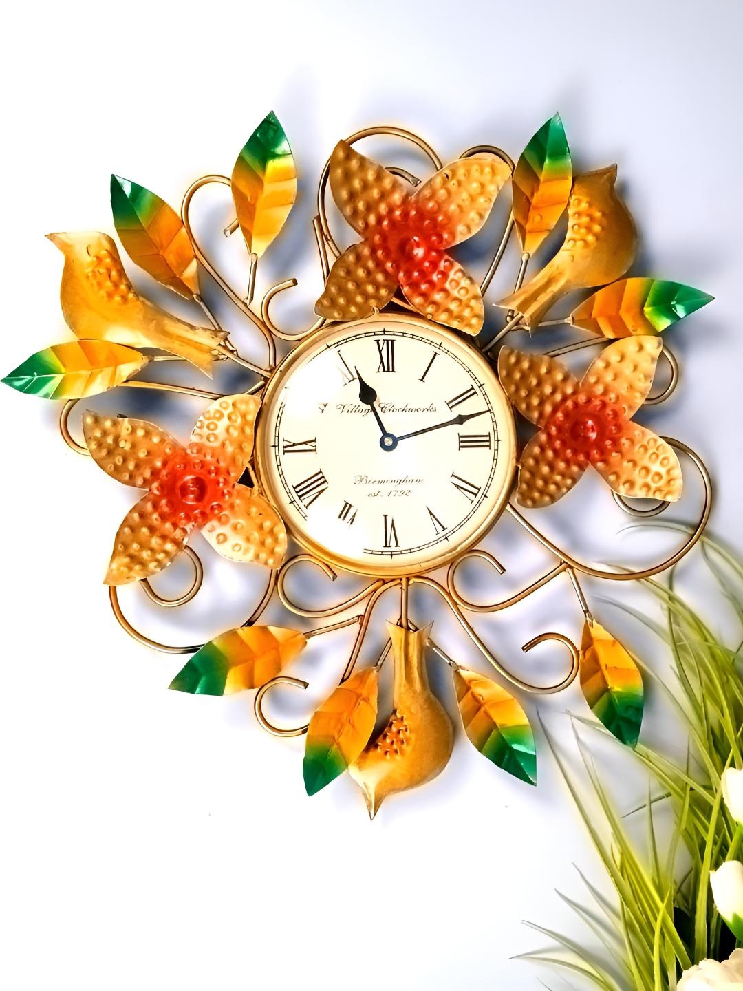 

apka mart Gold-Toned & Green Embellished Traditional Wall Clock