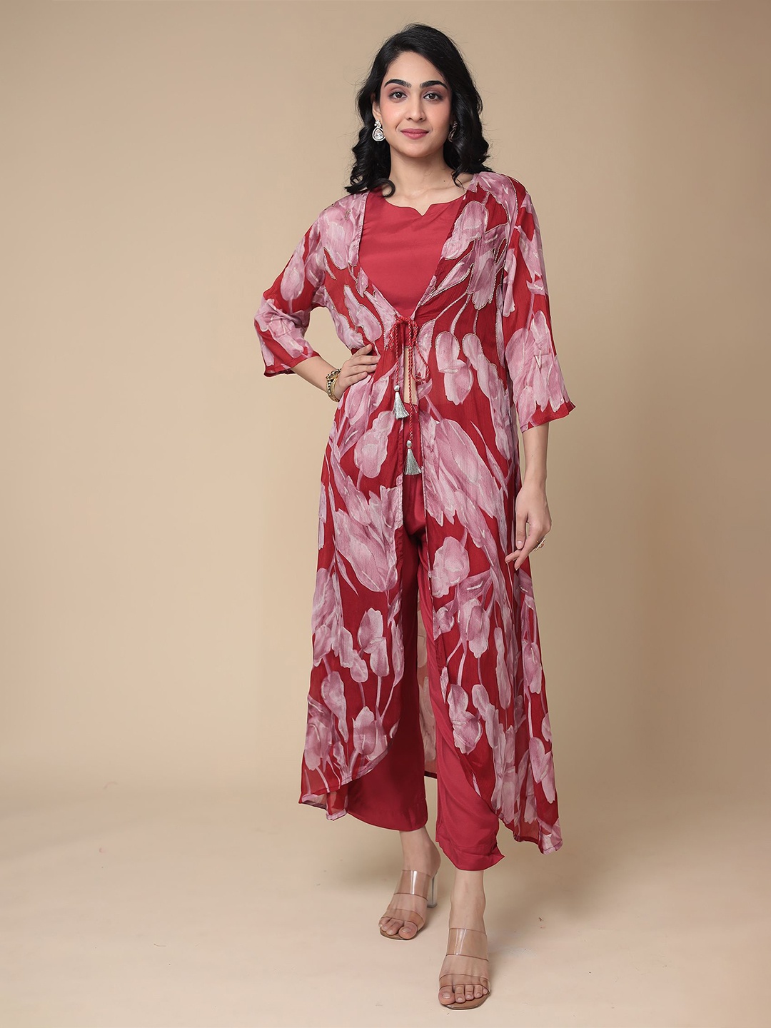 

ZARI Sleeveless Top & Embroidered Shrug With Trouser, Red