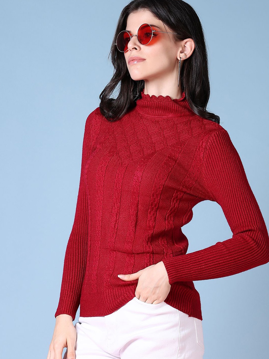 

V-Mart Women Cotton Cable Knit Round Neck Long Sleeves Pullover, Red