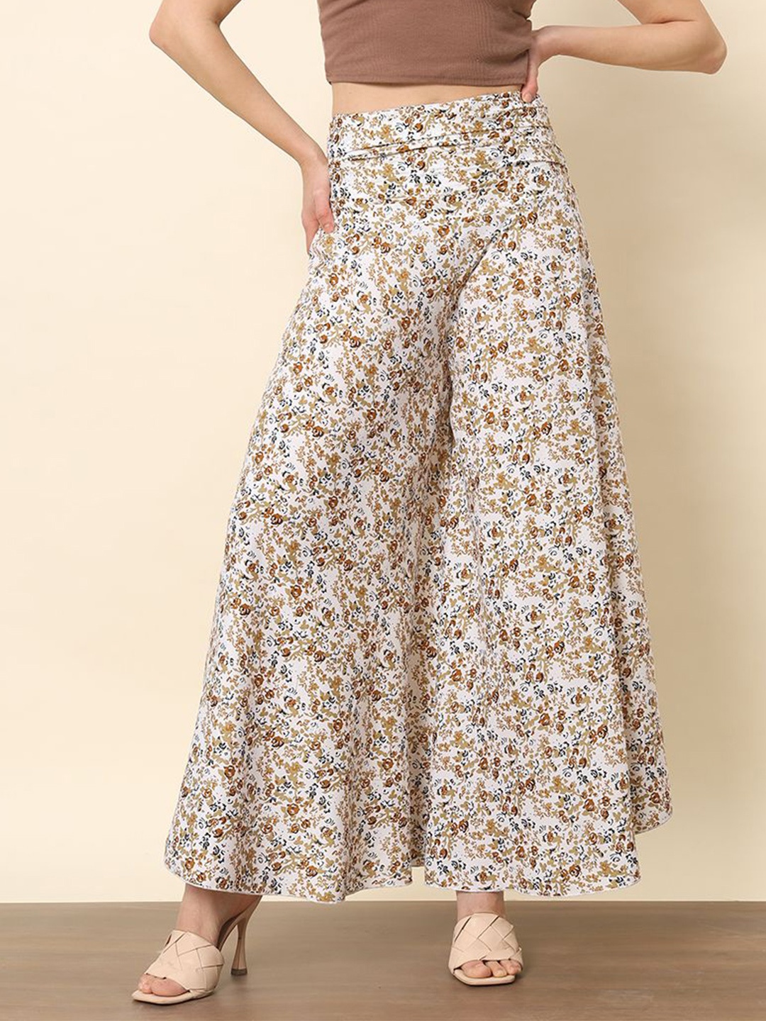 

Trend Arrest Women Floral Printed Slip-On Flared Palazzos, White