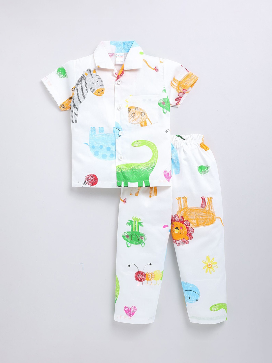 

NAUTI KIDZ Boys Printed Lapel Collar Half Sleeves Pure Cotton Night suit, White