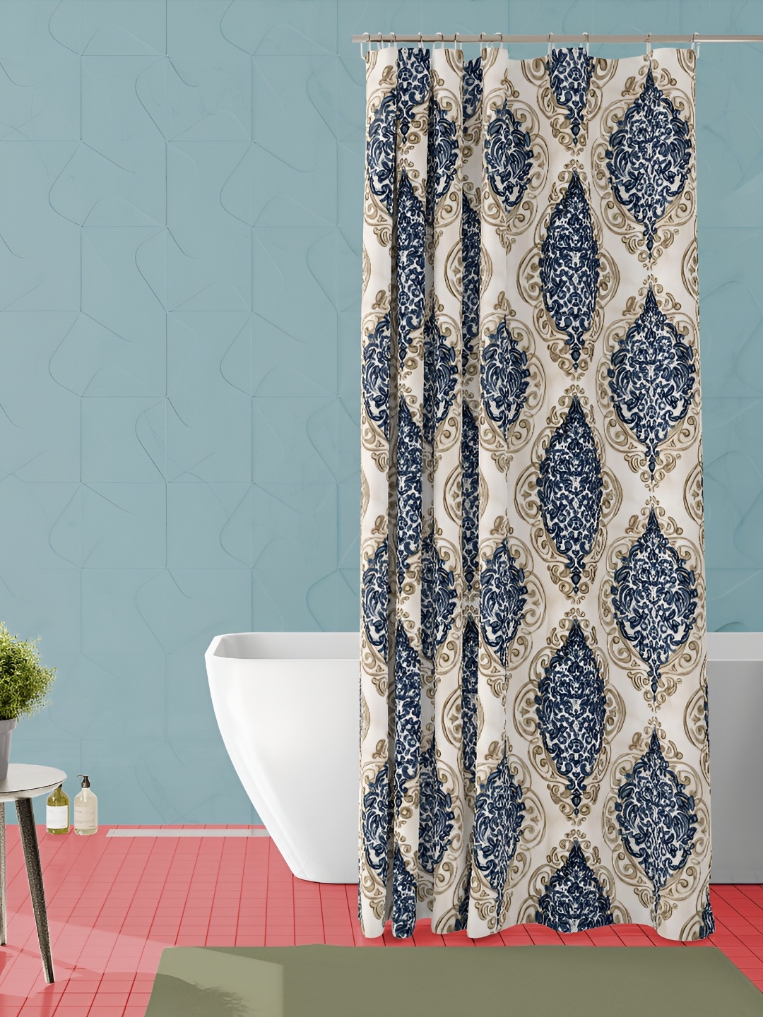 

ArtzFolio Cream Coloured & Navy Blue Ethnic Motifs Printed Waterproof Shower Curtain