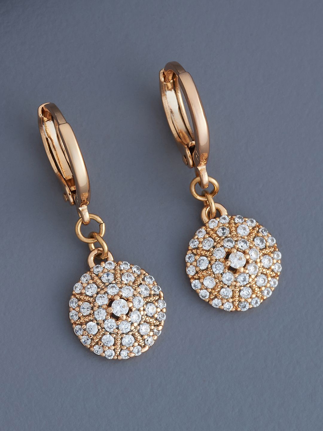 

Kushal's Fashion Jewellery Rose Gold-Plated Zircon Stone Studded Circular Drop Earrings