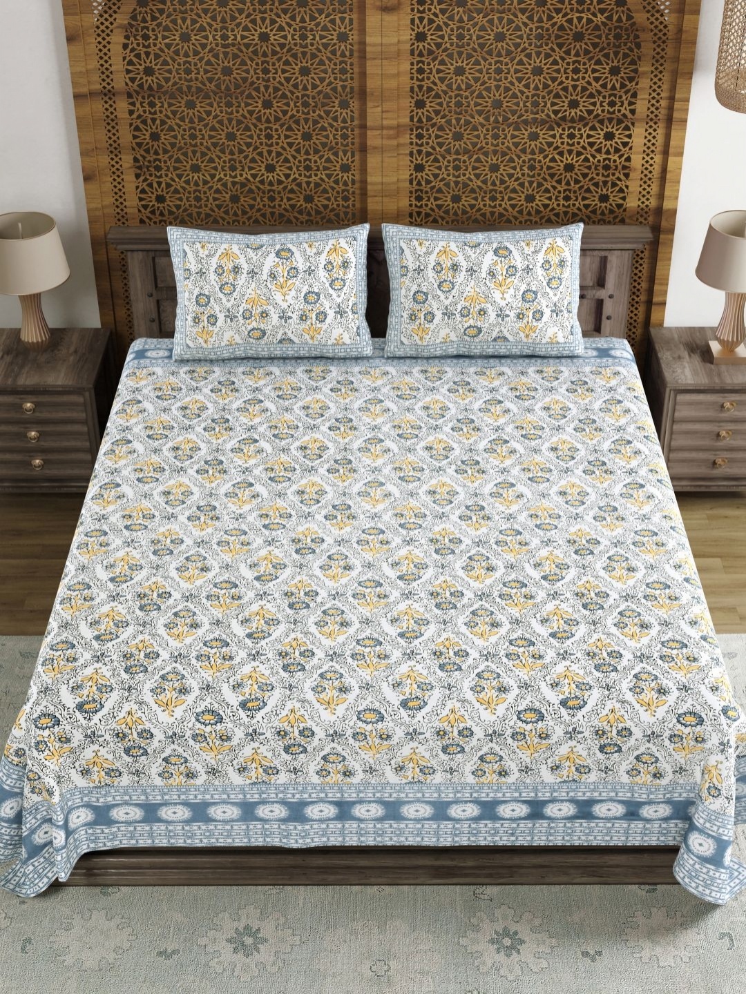 

BLOCKS OF INDIA Grey & White Ethnic Motifs 120 TC King Bedsheet Set 2.18 m x 2.64 m