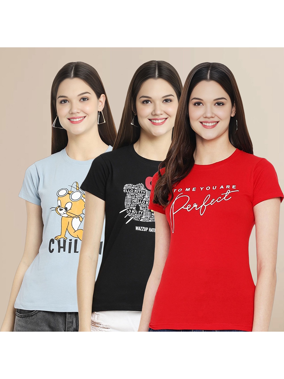 

Metronaut Women Pack Of 3 Graphic Printed Round Neck Cotton Tom & Jerry T-shirts, Blue