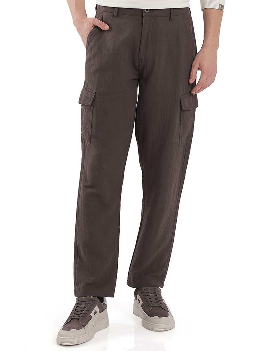 

RARE RABBIT Men Cotton Mid-Rise Loose Fit Cargo Trousers, Brown