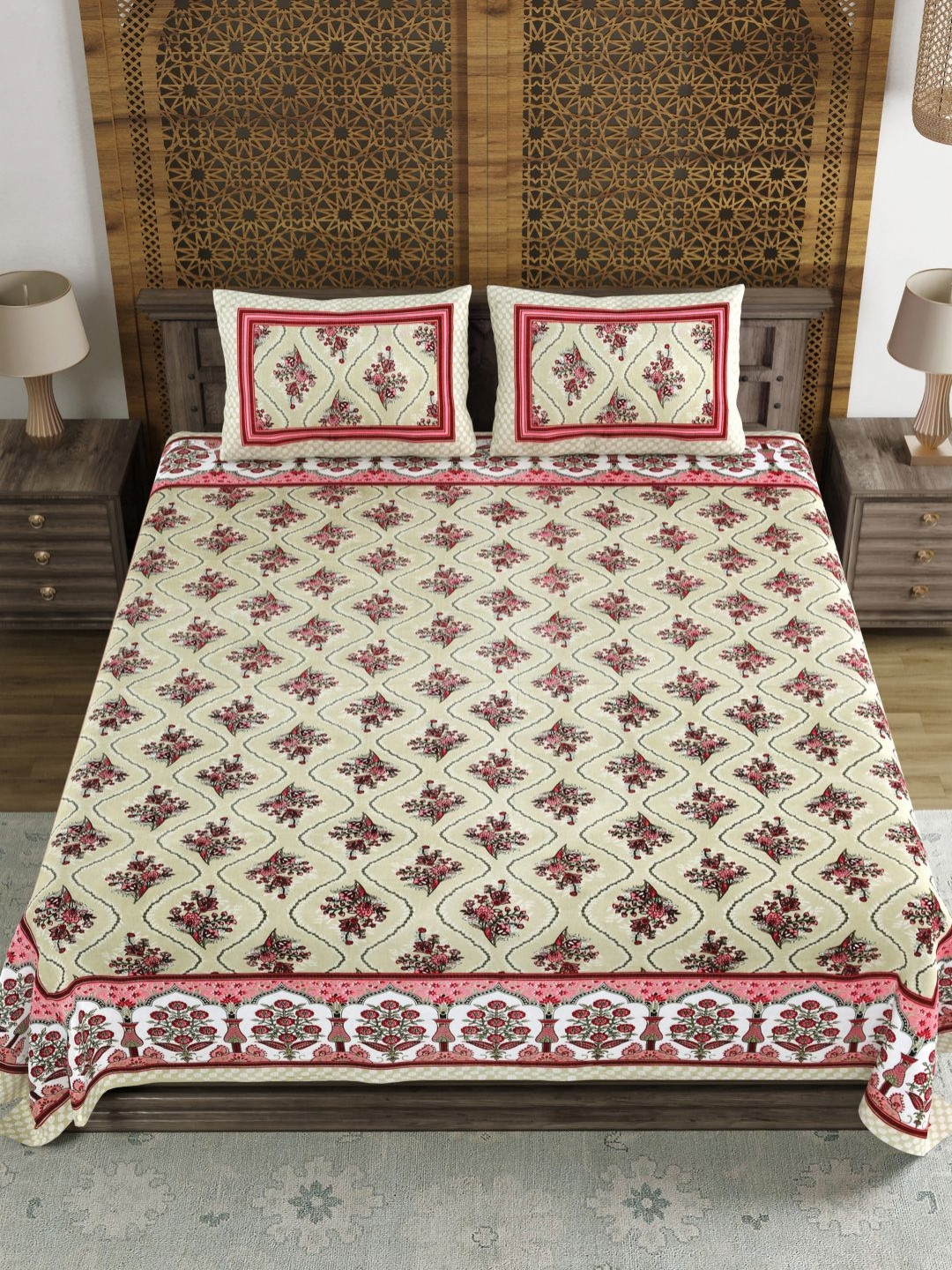 

BLOCKS OF INDIA Cream-Coloured Ethnic Motifs 120 TC King Bedsheet Set 2.18 m x 2.64 m