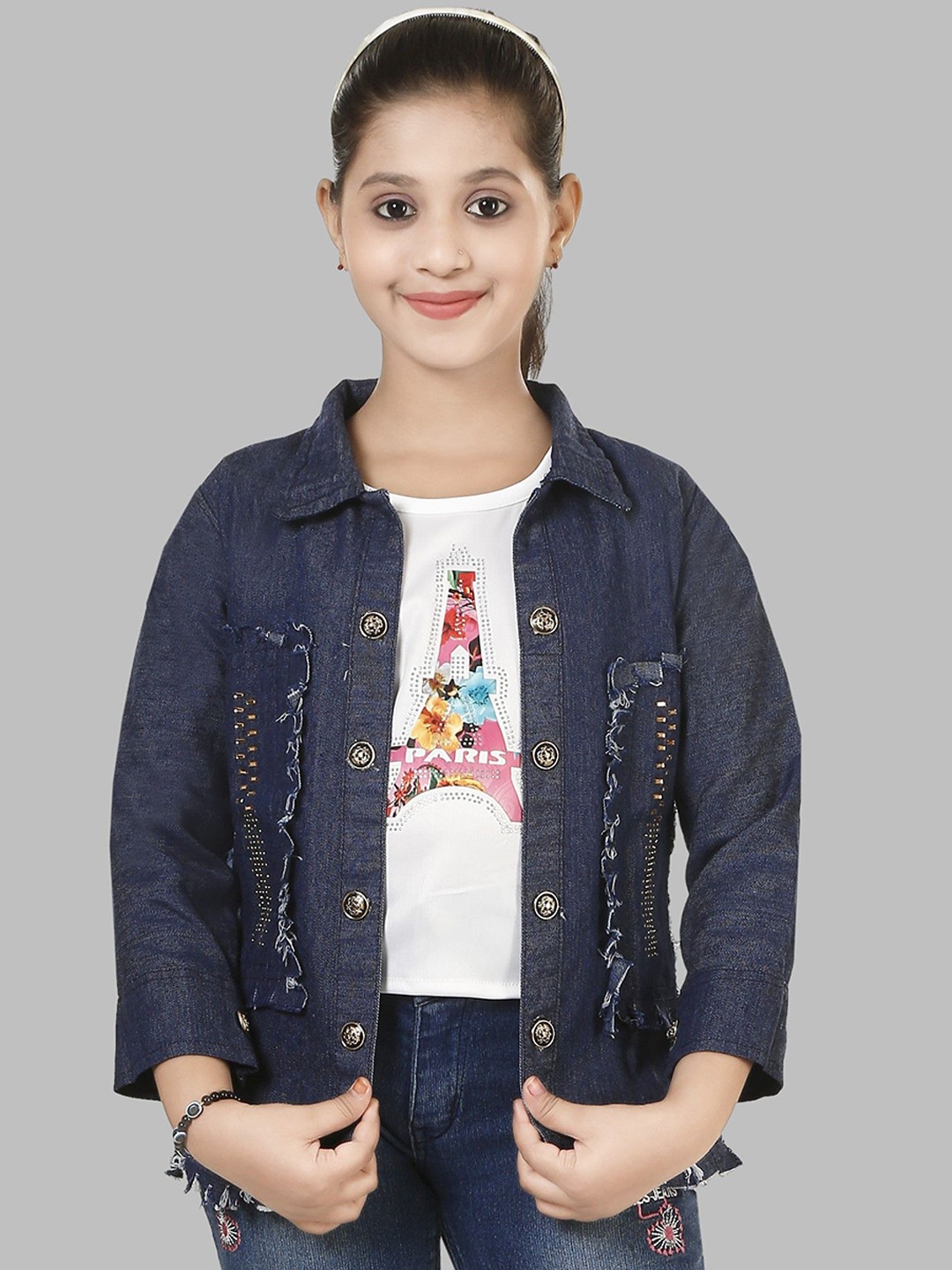 

BAESD Girls Washed Cotton Longline Denim Jacket with Embroidered, Navy blue