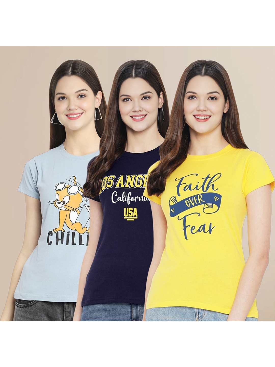 

Metronaut Women Pack Of 3 Graphic Printed Round Neck Cotton Tom & Jerry T-shirts, Blue