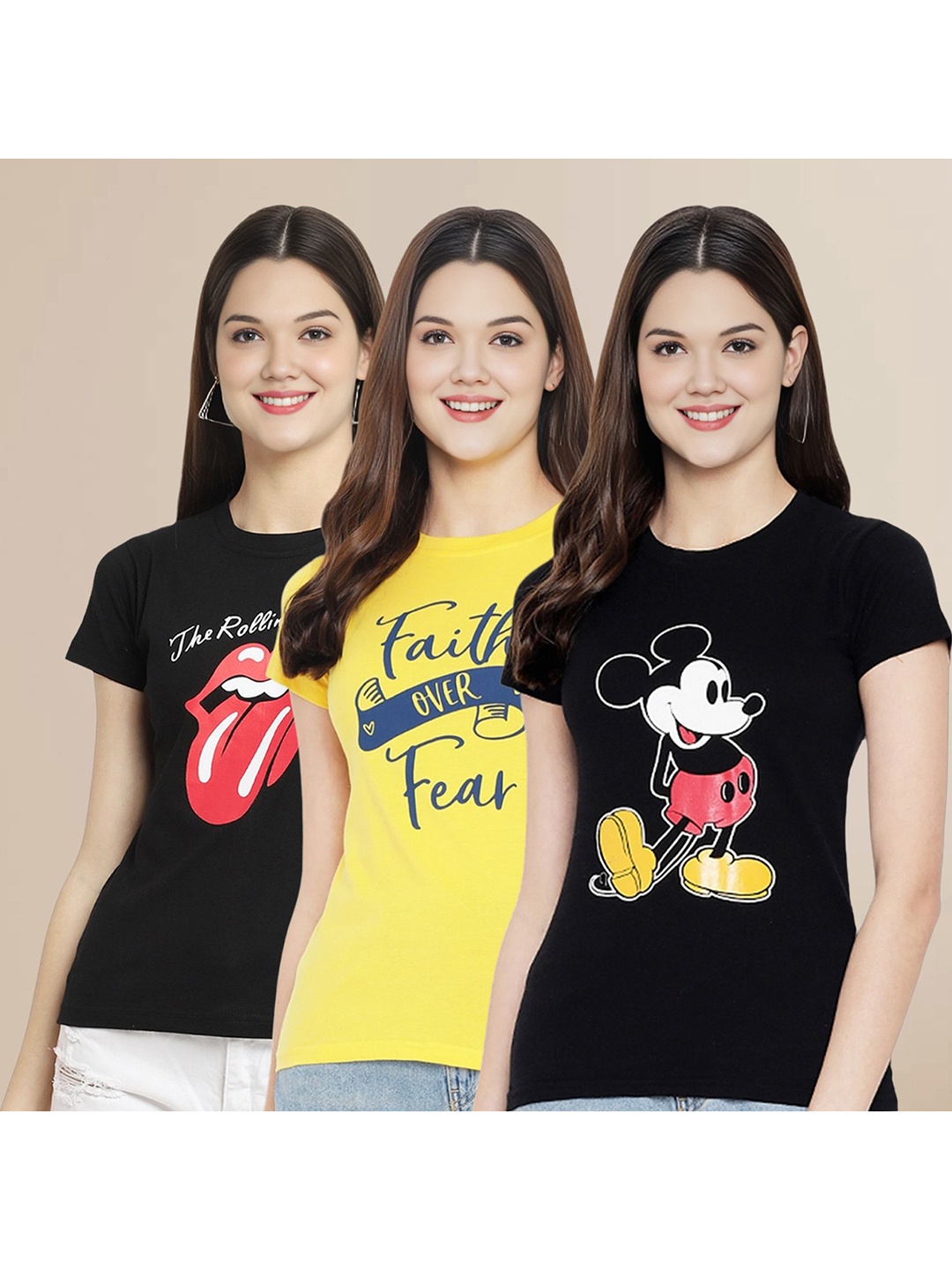 

Metronaut Women Pack Of 3 Graphic Printed Round Neck Cotton Mickey Mouse T-shirts, Black