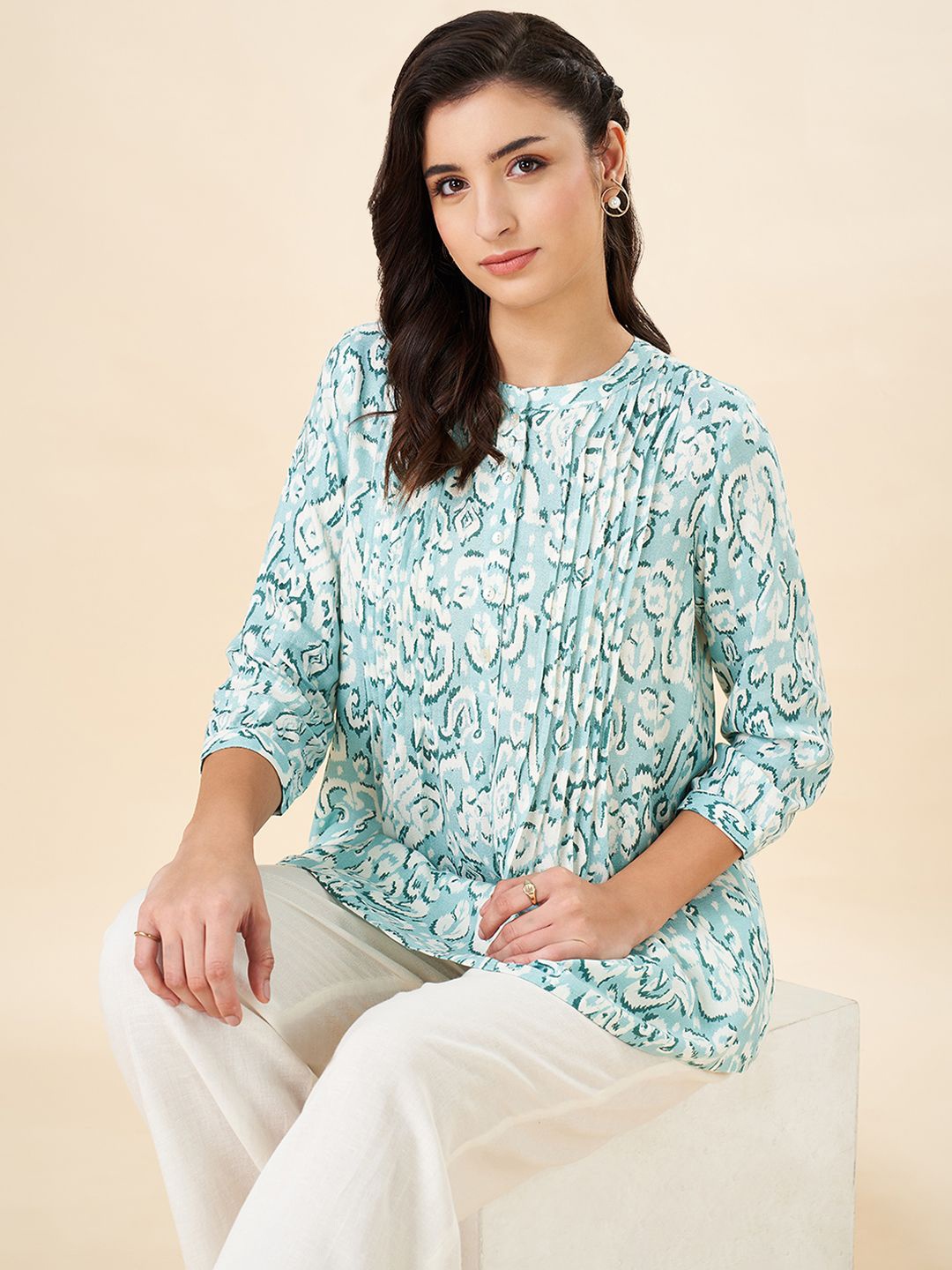 

AKKRITI BY PANTALOONS Women Mandarin Collar Printed Tunic, Blue