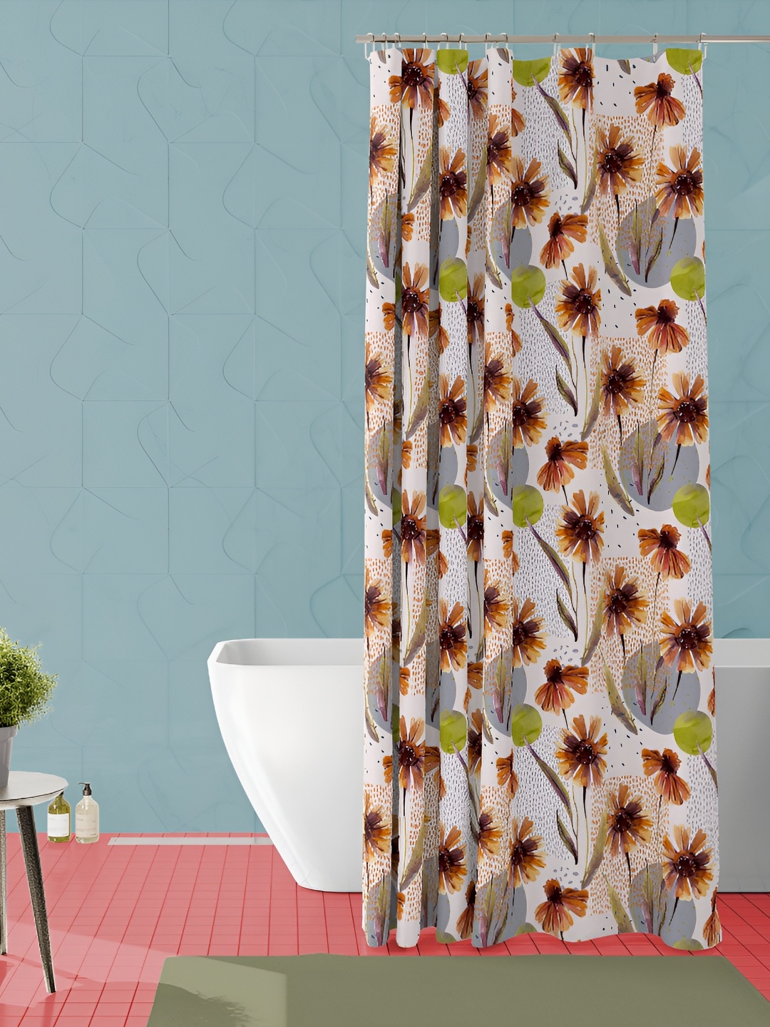 

ArtzFolio Orange-Coloured & White Floral Printed Waterproof Shower Curtain