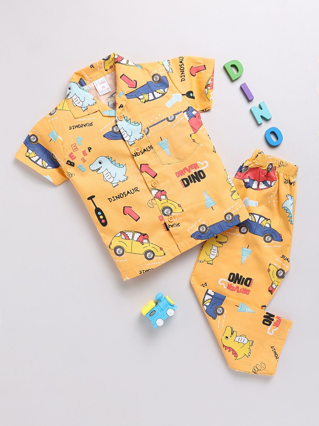 

NAUTI KIDZ Boys Pure Cotton Shirt Collar Short Sleeves Printed Night Suit, Yellow