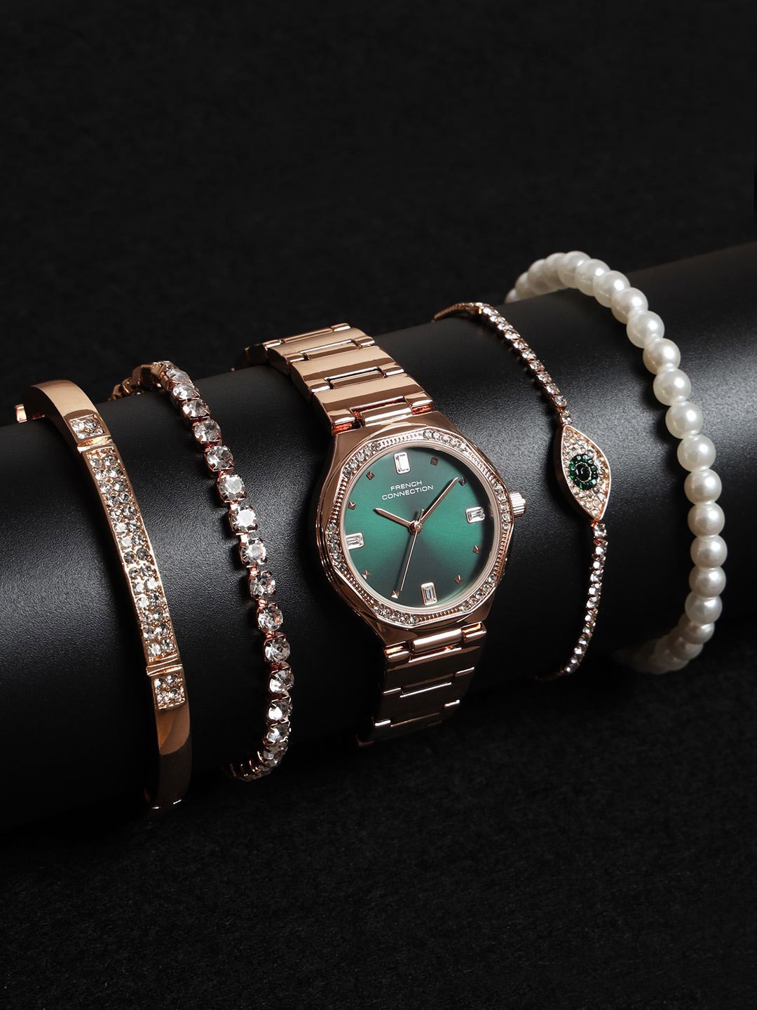 

French Connection Women Embellished Dial & Stainless Steel Straps Analogue Watch FCB6NRGM, Green