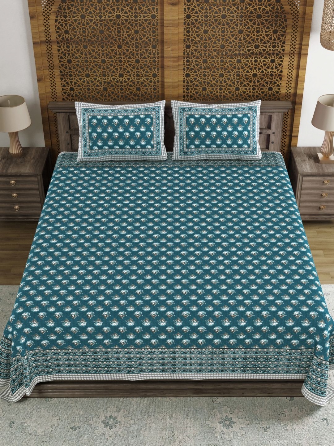 

BLOCKS OF INDIA Blue & White Ethnic Motifs 120 TC King Bedsheet Set 2.18 m x 2.64 m