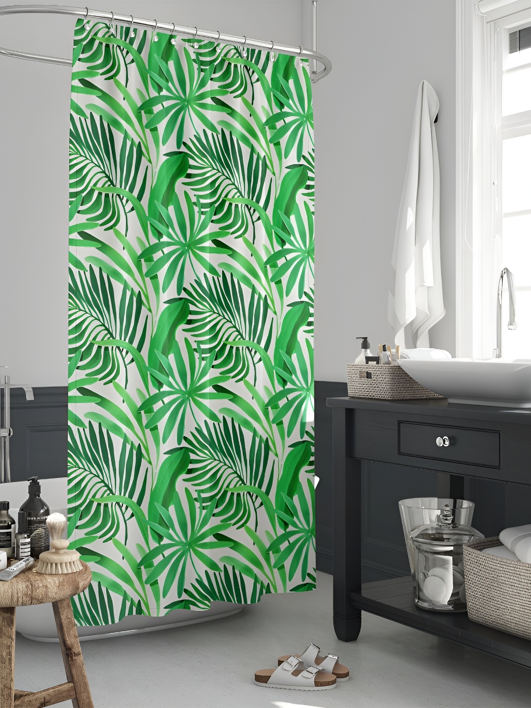 

ArtzFolio Green & White Tropical Printed Waterproof Shower Curtain