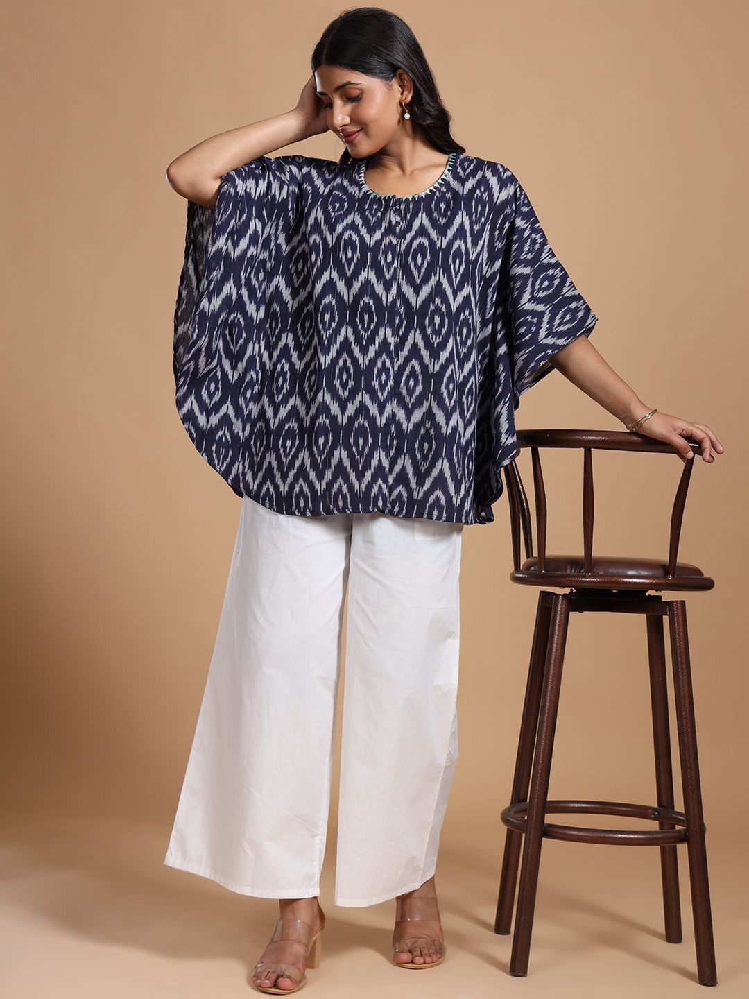 

THE WEAVE TRAVELLER Women Cotton Printed Batwing Sleeve Kaftan Top, Blue