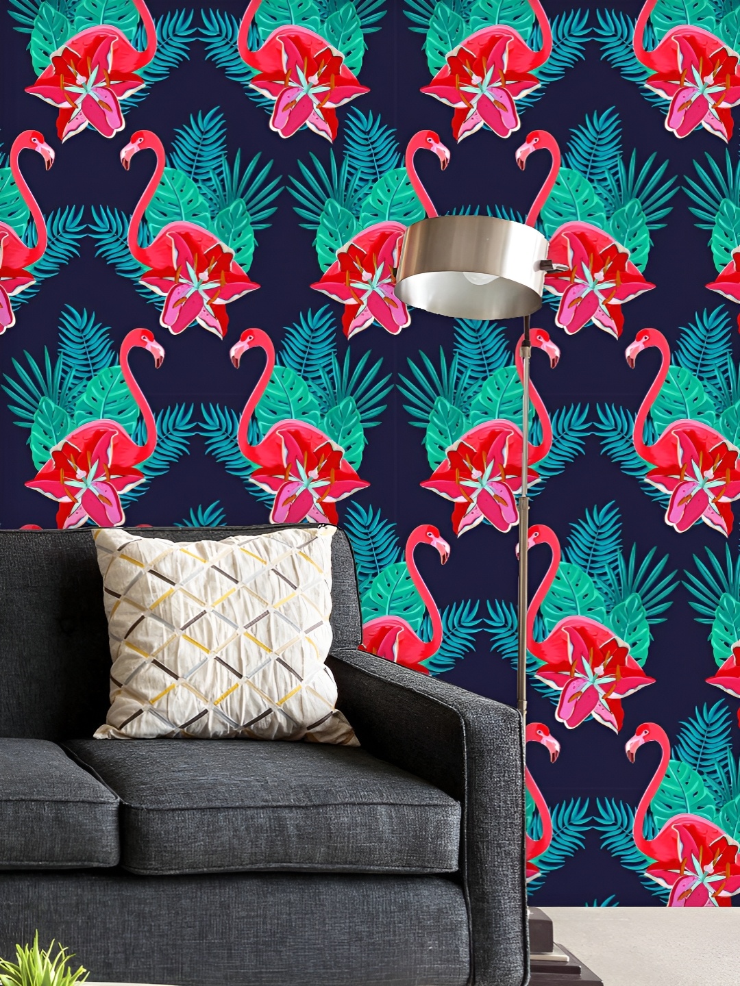 

ArtzFolio Printed UV-Resistant Anti-Bacterial Hawaiian Flamingo Birds Tropical Flowers Peel & Stick Wallpaper, Multi