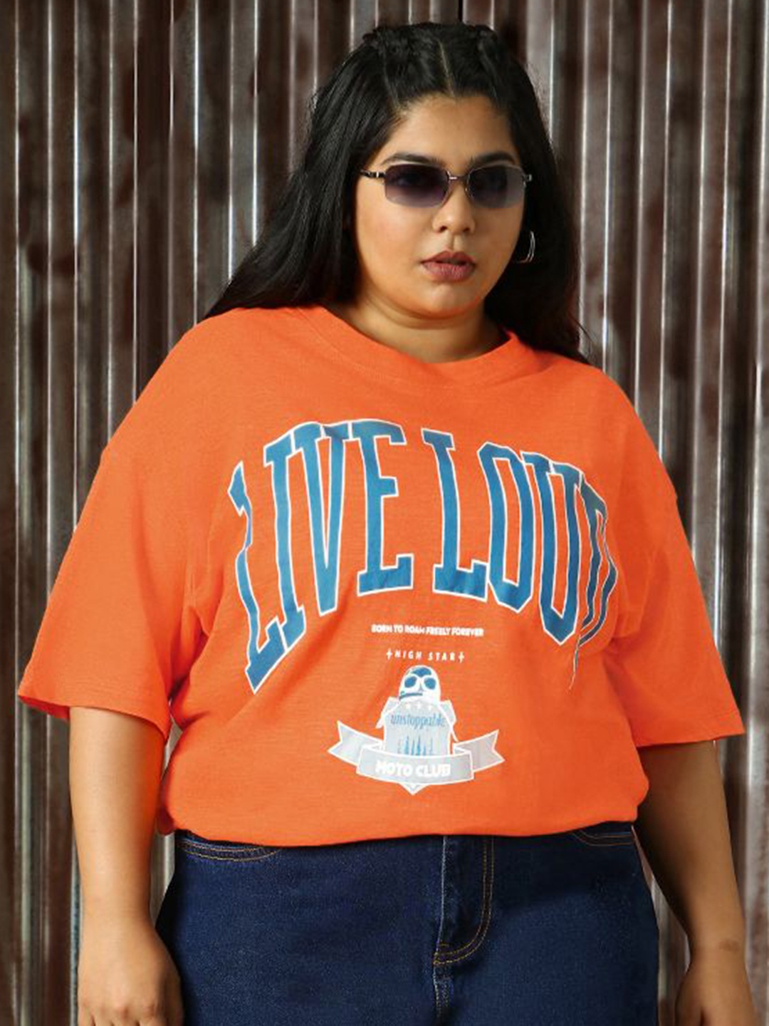 

Freeform by High Star Women Varsity Graphic Printed Oversized T-shirt, Orange