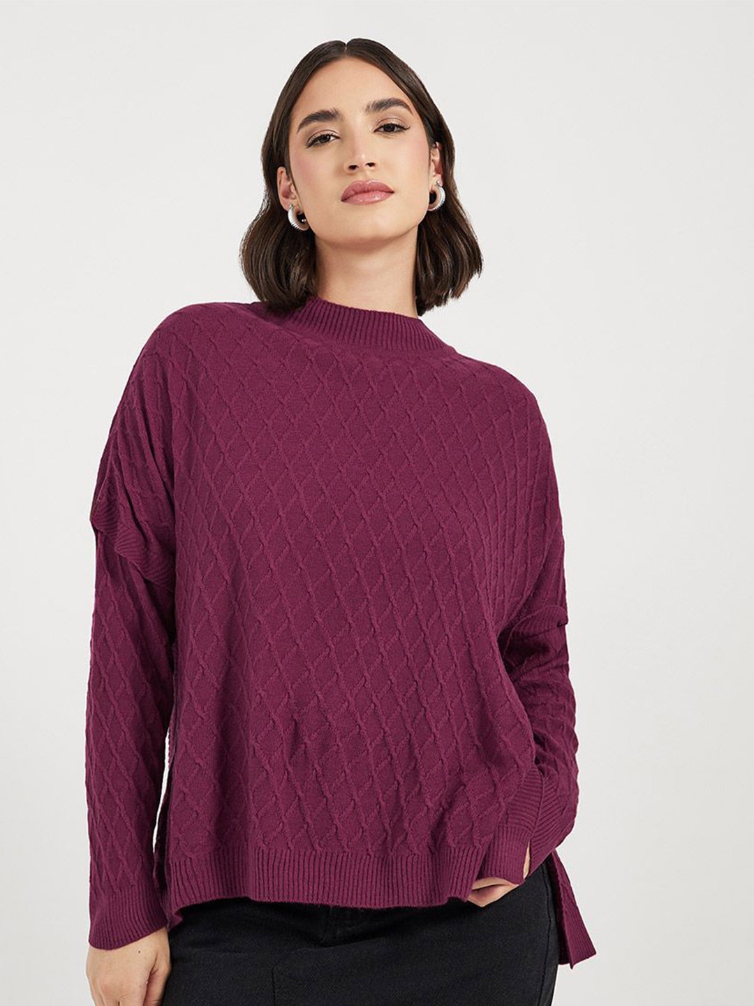 

Styli Boxy Fit Cable Knit Longline Acrylic Pullover Sweater, Magenta