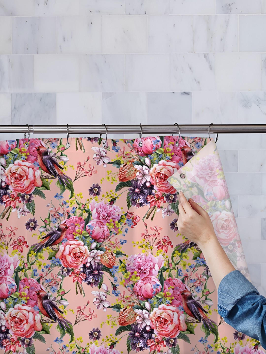

ArtzFolio Peach & Green Printed Waterproof Shower Curtain