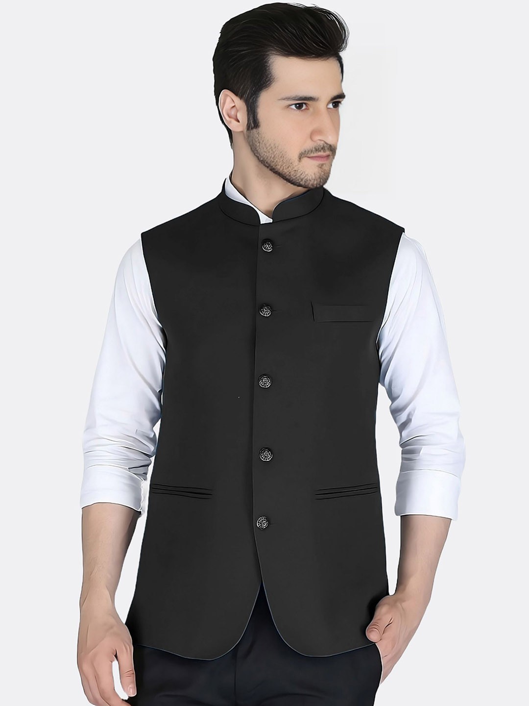 

BAESD Mandarin Collar Satin Nehru Jacket, Black