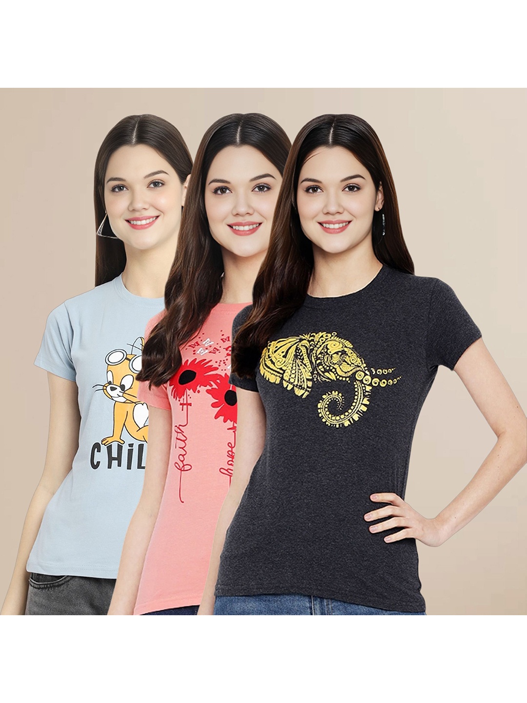 

Metronaut Women Pack Of 3 Graphic Printed Round Neck Cotton Tom & Jerry T-shirts, Blue