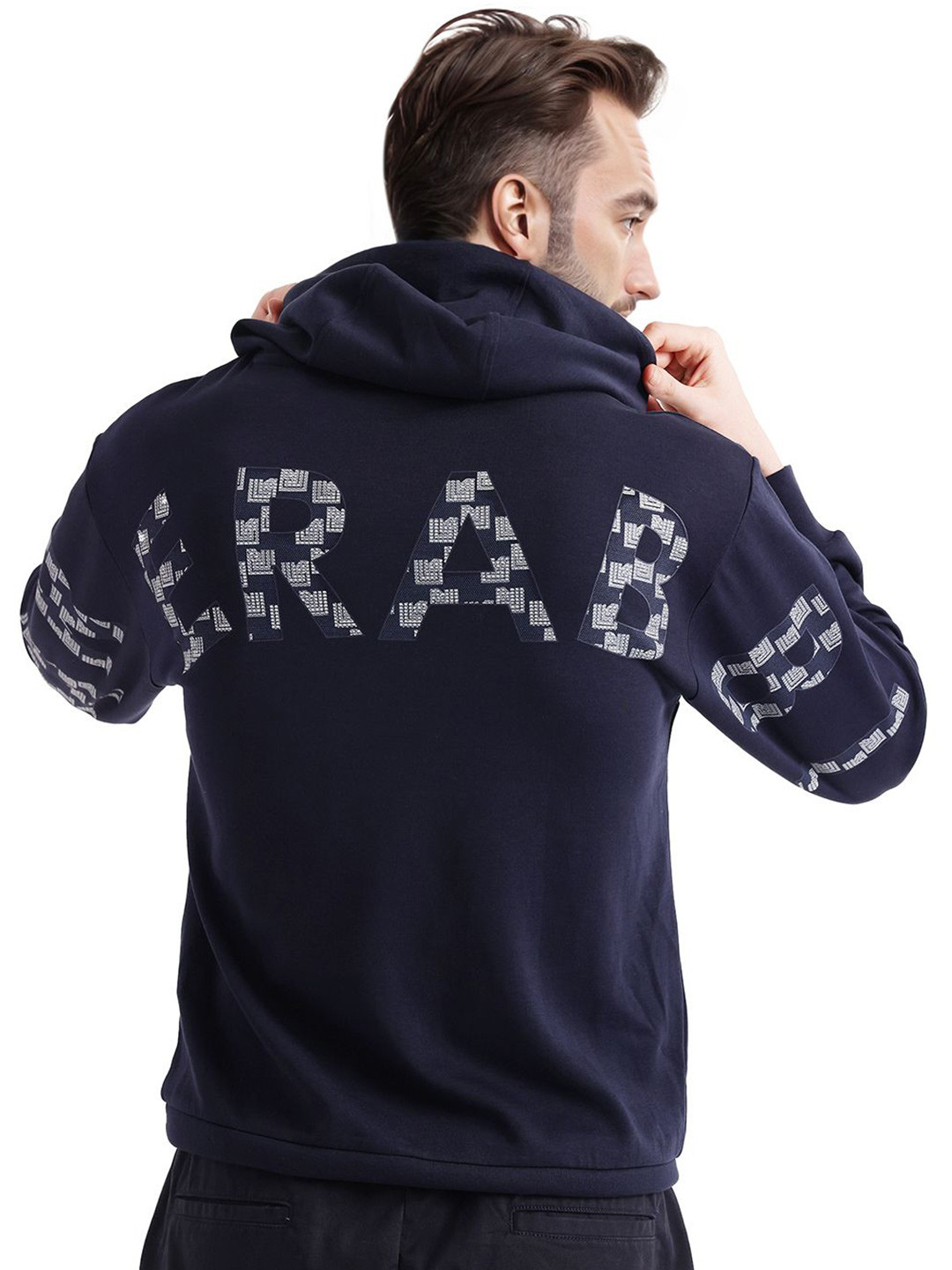 

RARE RABBIT Men Printed Hooded Cotton Sweatshirt, Navy blue