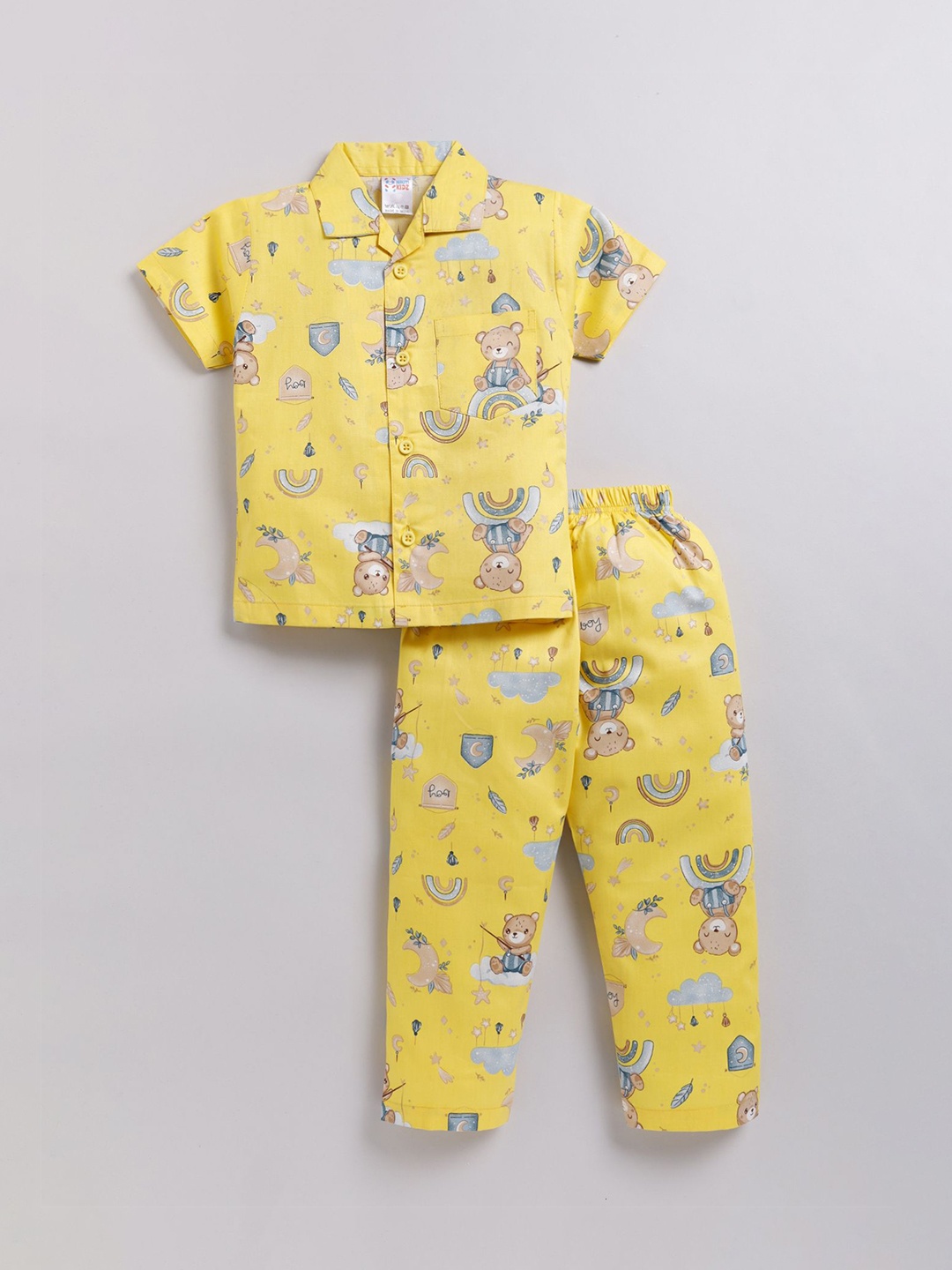 

NAUTI KIDZ Boys Printed Shirt Collar Pure Cotton Night Suit, Yellow