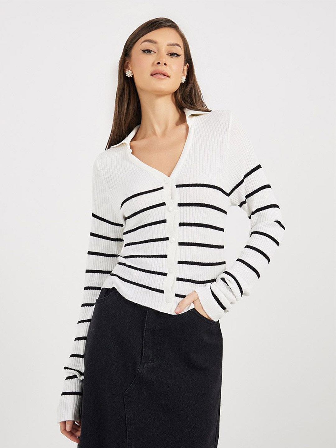 

Styli Women Striped V-Neck Long Sleeves Cardigan, White