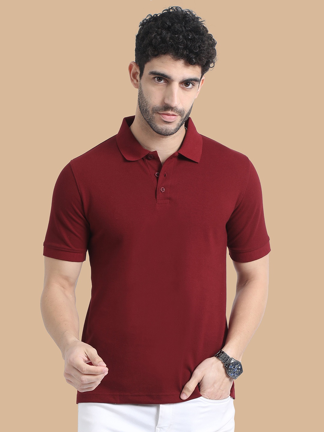 

MIRAAN Men Polo Collar Pockets T-shirt, Maroon