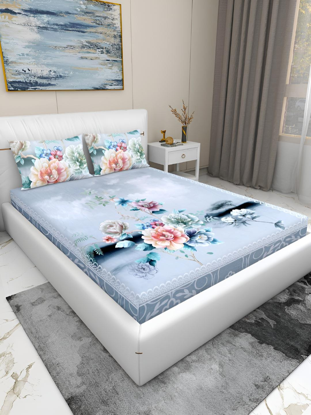 

GAPU & BALY Blue & Pink Floral 180 TC King Bedsheet with 2 Pillow Covers 2.50 m x 2.75 m