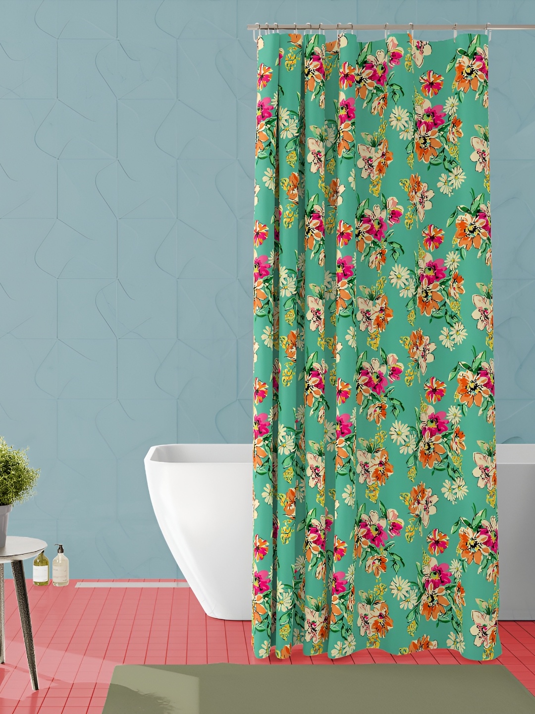 

ArtzFolio Teal & Pink Floral Printed Waterproof Shower Curtain