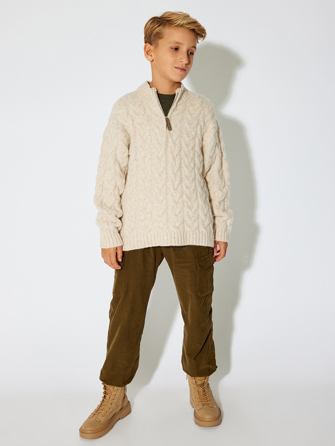 

Koton Boys Self Design Half Zipper Sweater, Beige