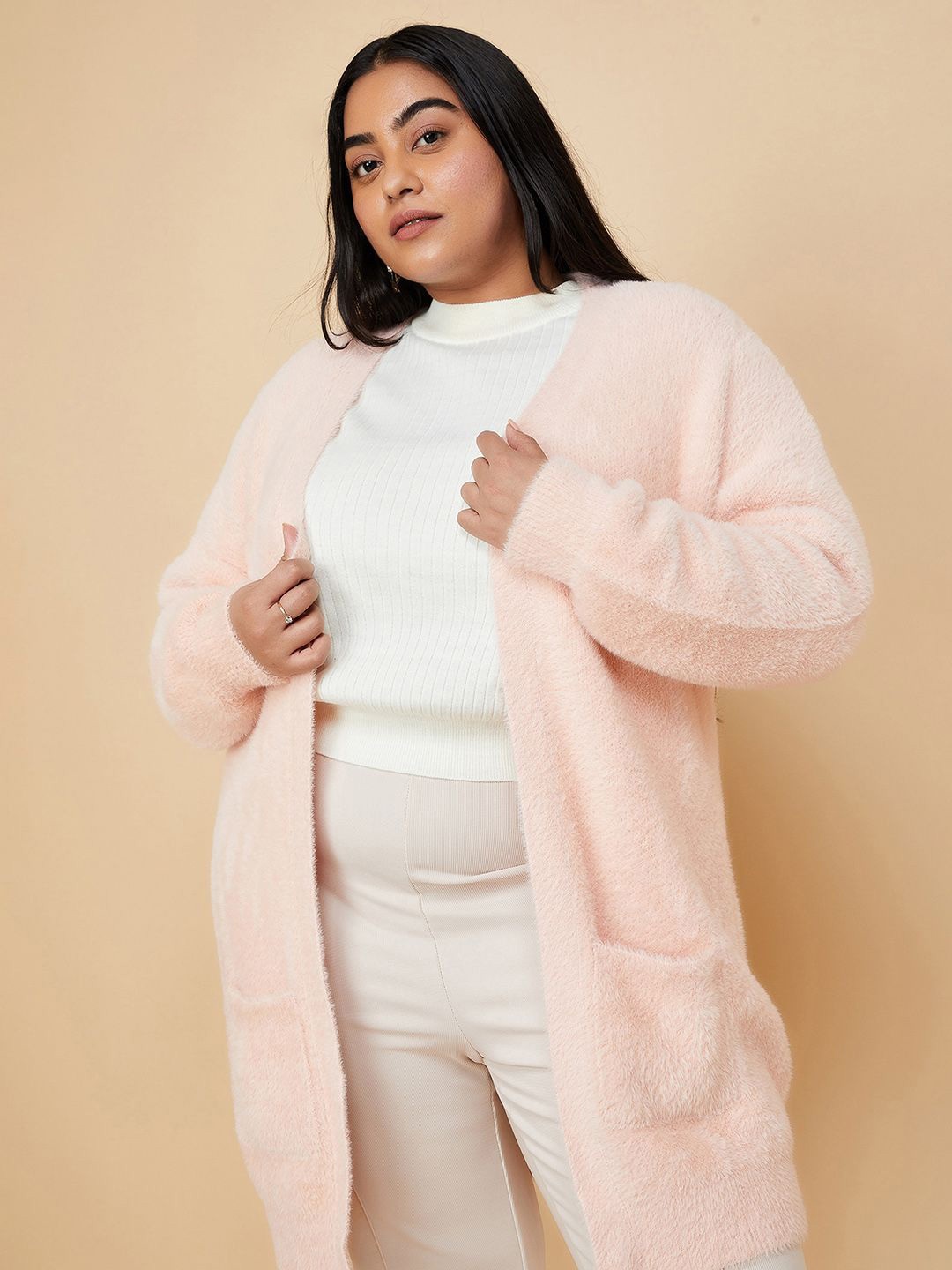 

max Plus Size Open Front Longline Shrug, Pink