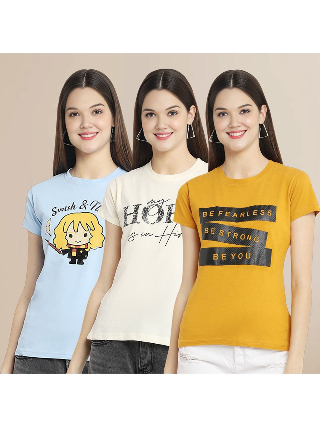 

Metronaut Women Pack Of 3 Typography Printed Round Neck Cotton T-shirts, Blue