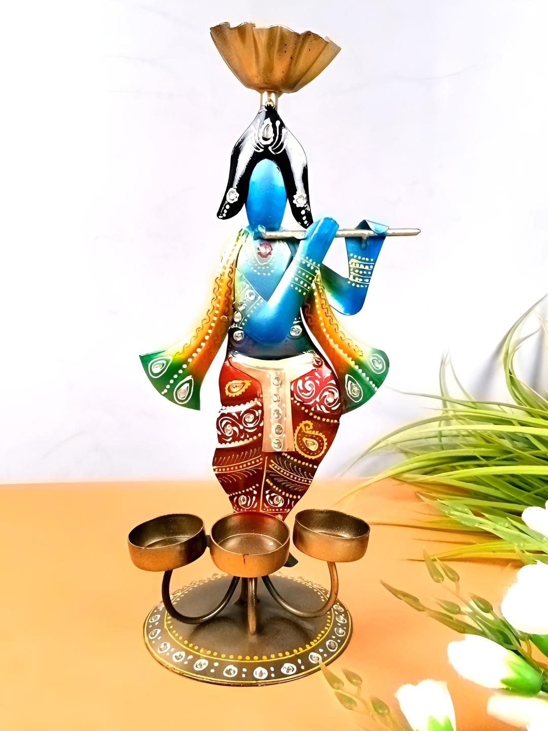 

apka mart Gold Toned & Blue Lord Krishna Shaped Metal Candle Holder