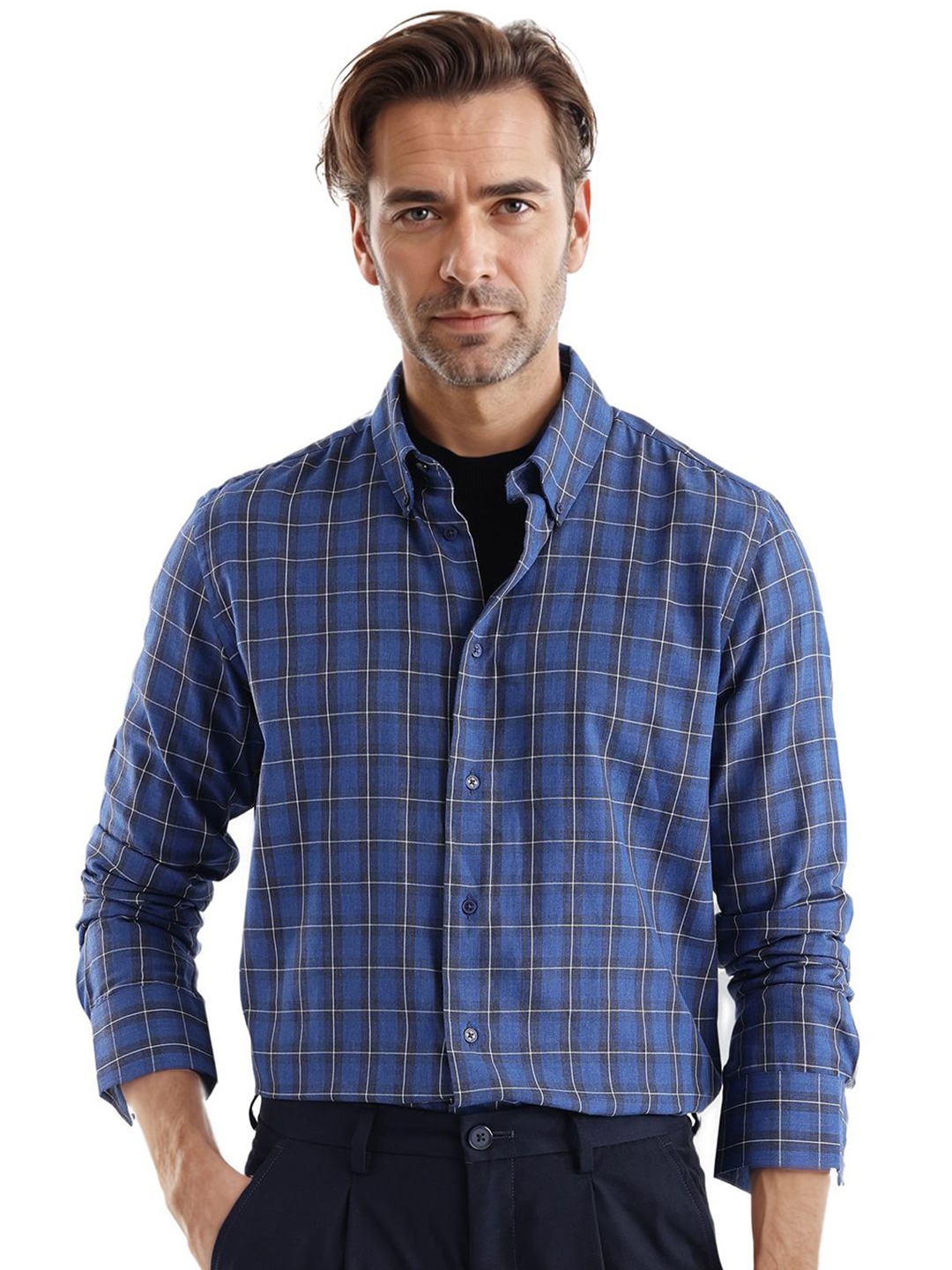 

RARE RABBIT Men Comfort Opaque Checked Casual Shirt, Blue