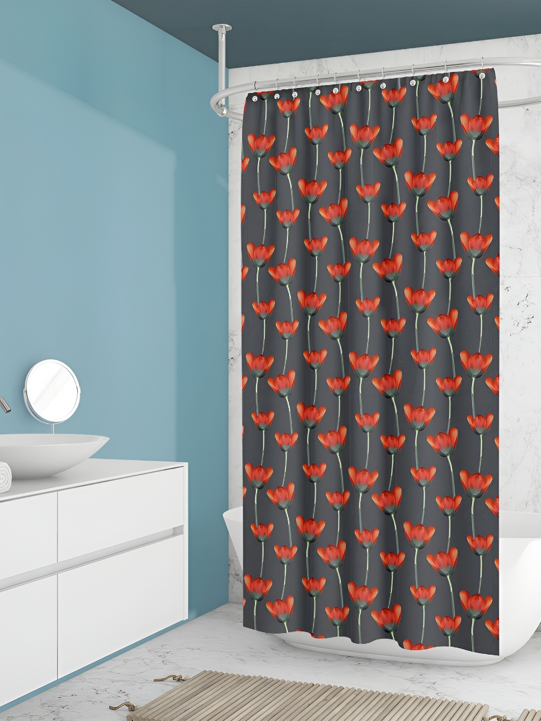 

ArtzFolio Grey & Orange Colored Printed Waterproof Shower Curtain