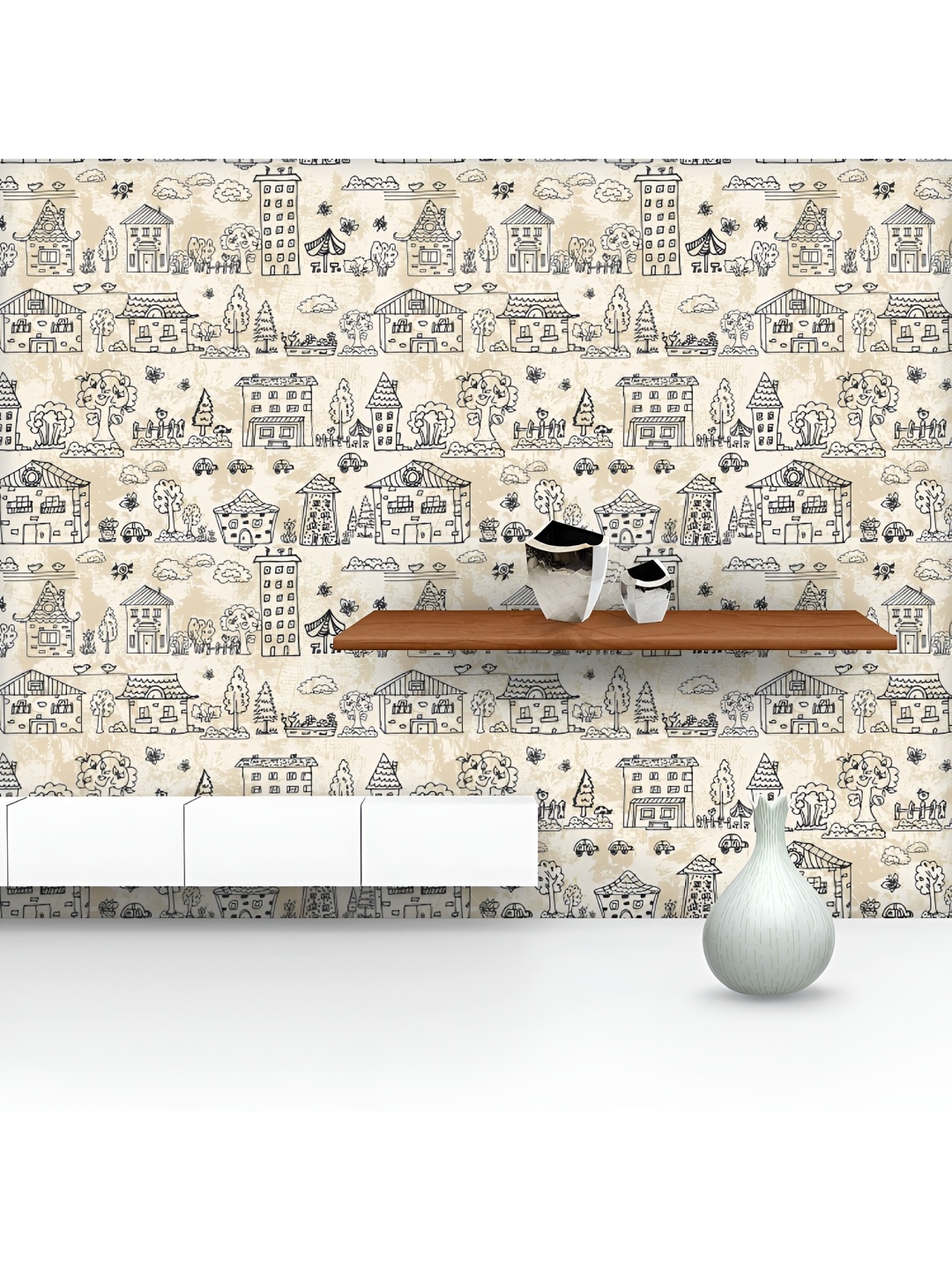 

ArtzFolio Printed UV-Resistant Anti-Bacterial City Doodle Grunge Peel & Stick Wallpaper, Multi