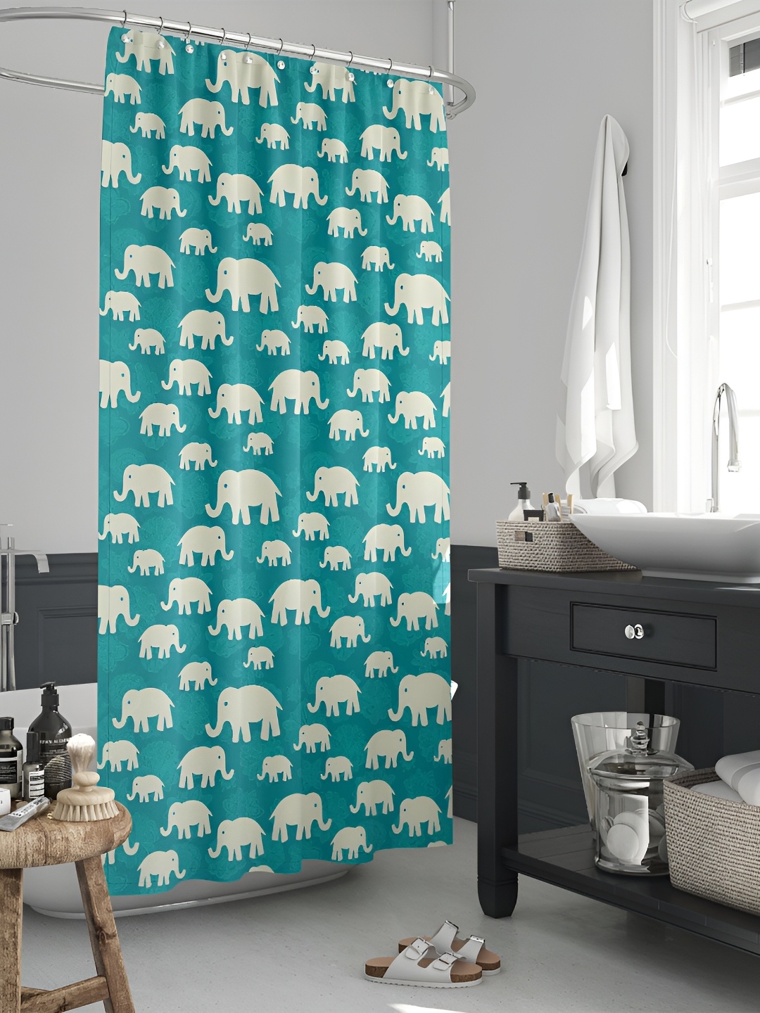 

ArtzFolio Teal Blue & White Printed Waterproof Shower Curtain