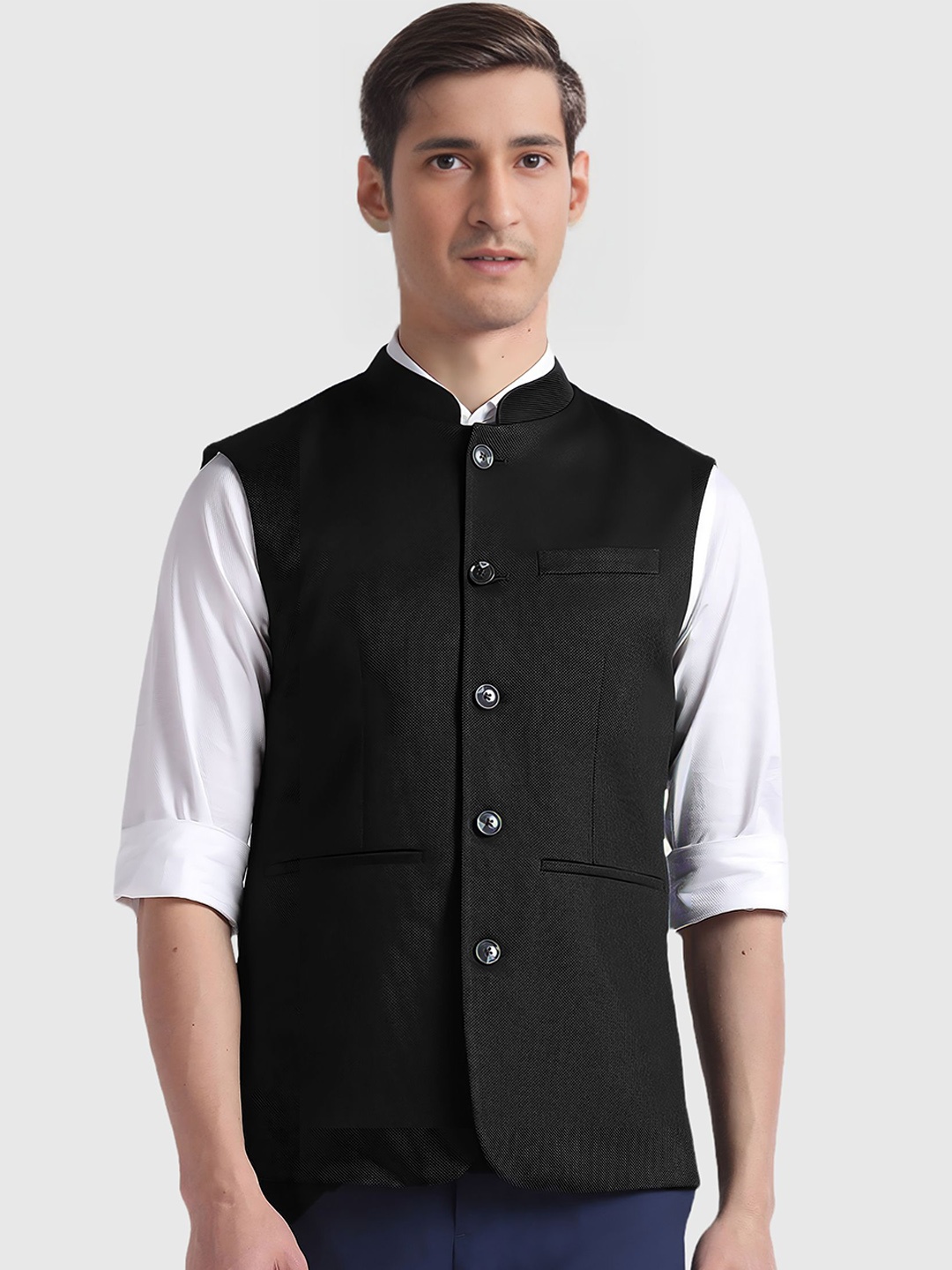 

BAESD Mandarin Collar Satin Nehru Jacket, Black