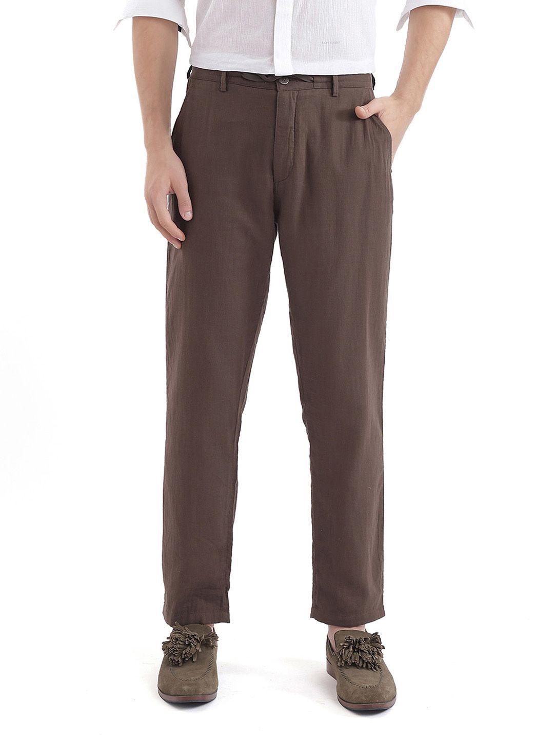 

RARE RABBIT Men Cotton Mid-Rise Regular Fit Trousers, Brown