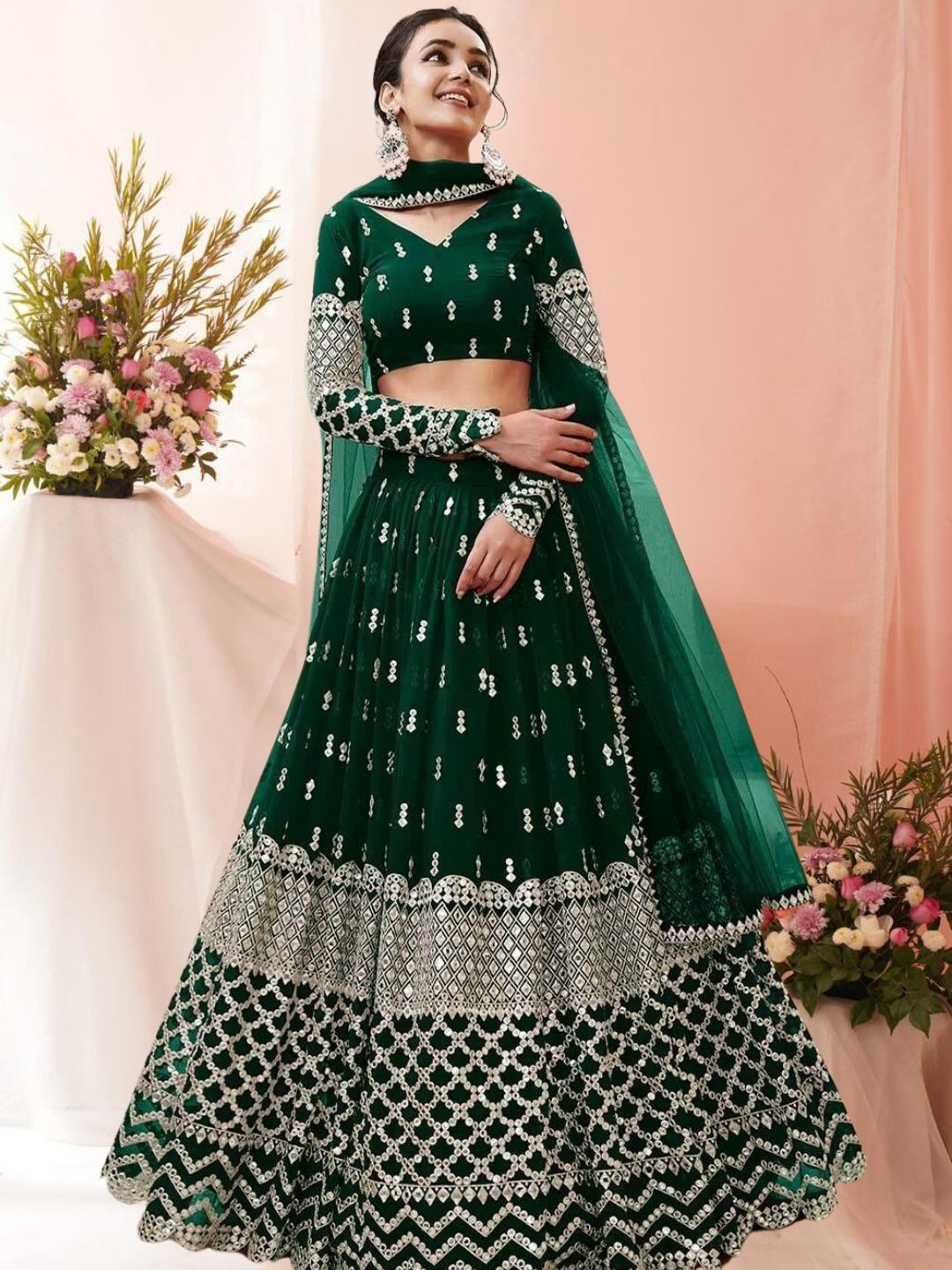 

KAZIA Embroidered Georgette Semi-Stitched Lehenga & Unstitched Blouse With Dupatta, Green