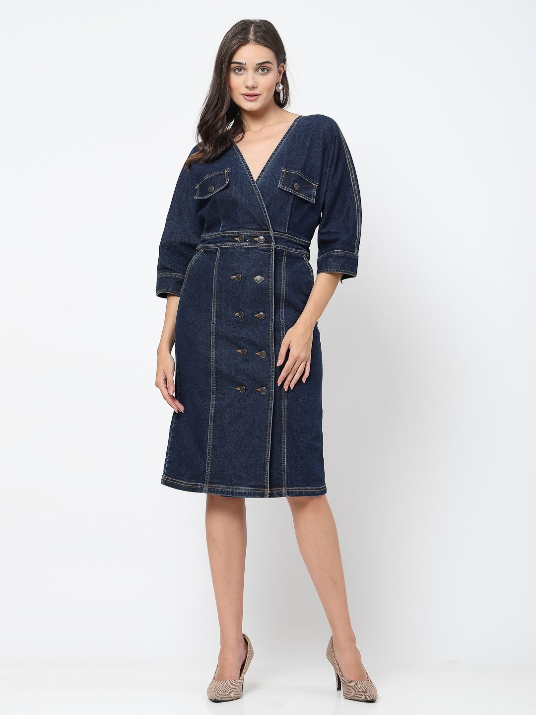

COSMIC TRIO Women Denim A-Line Dress, Navy blue