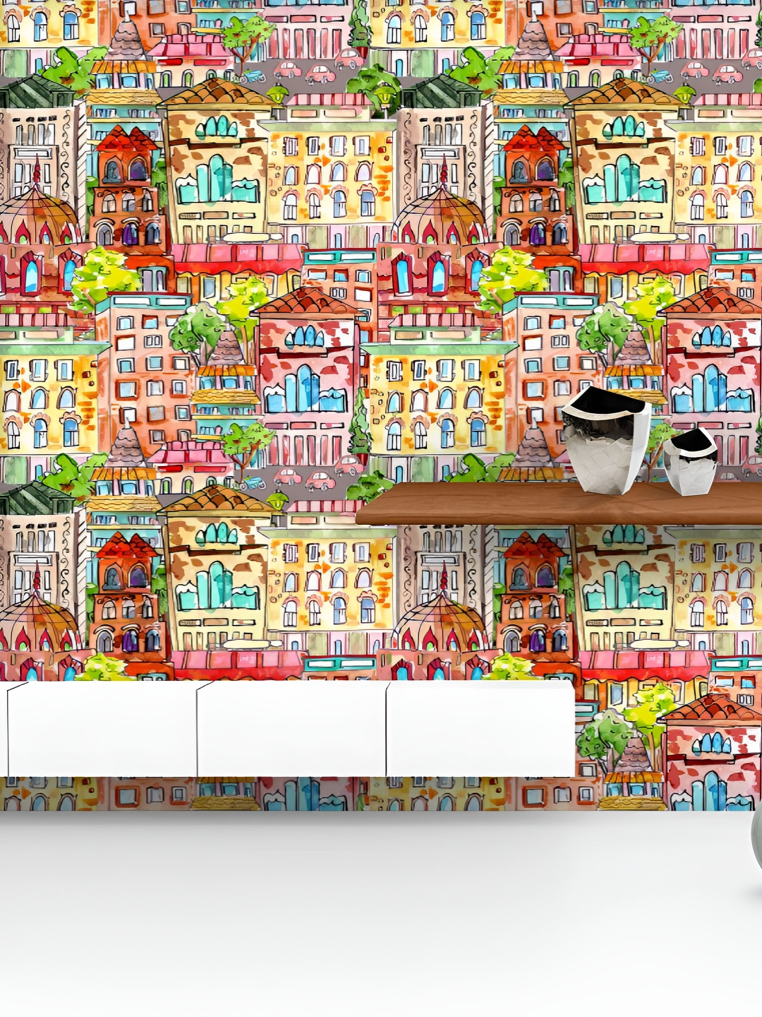 

ArtzFolio Printed UV-Resistant Anti-Bacterial Watercolor Vintage Cityscape Peel & Stick Wallpaper, Multi